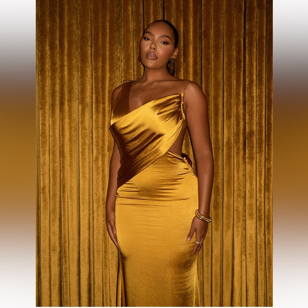 JLUXLABEL Gold One-Shoulder Dress